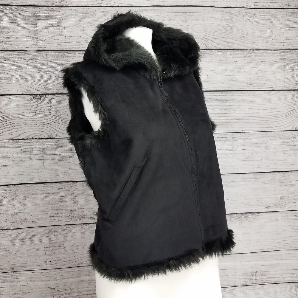 Y2K Lord & Taylor Hooded Vest Faux Suede Faux fur Zip up S/M Boho Chic Mobwife